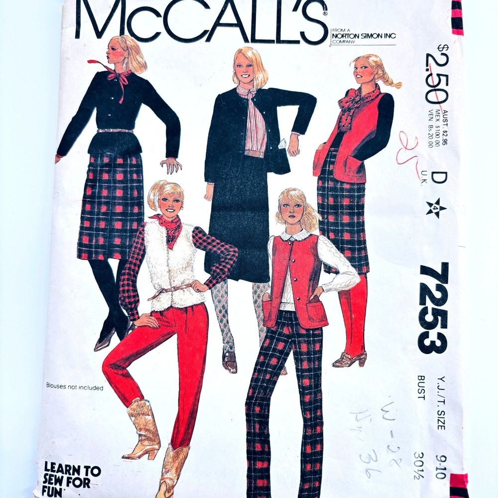 McCalls 7253 Jacket Vest Skirt Pants Young Junior Teen Sz 9-10 Vtg 80s Uncut